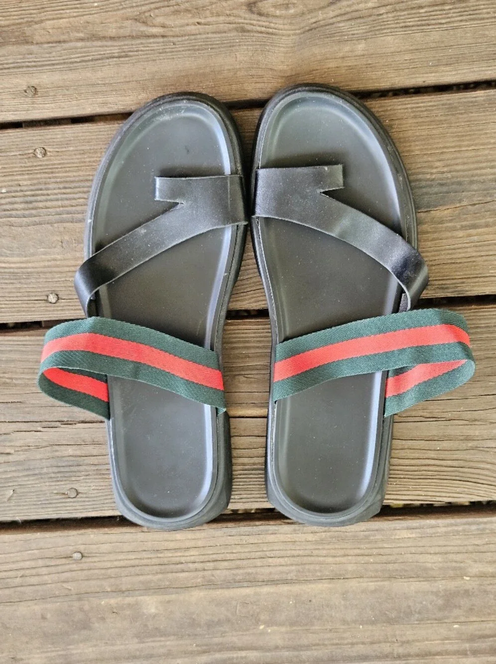 Luxury Men's Black Slide Sandals with Red & Green Striped Webbing Size 11